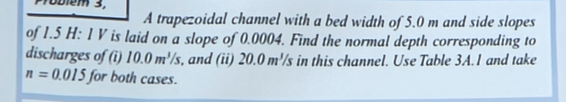 A trapezoidal channel with a bed width of 5 . 0 m