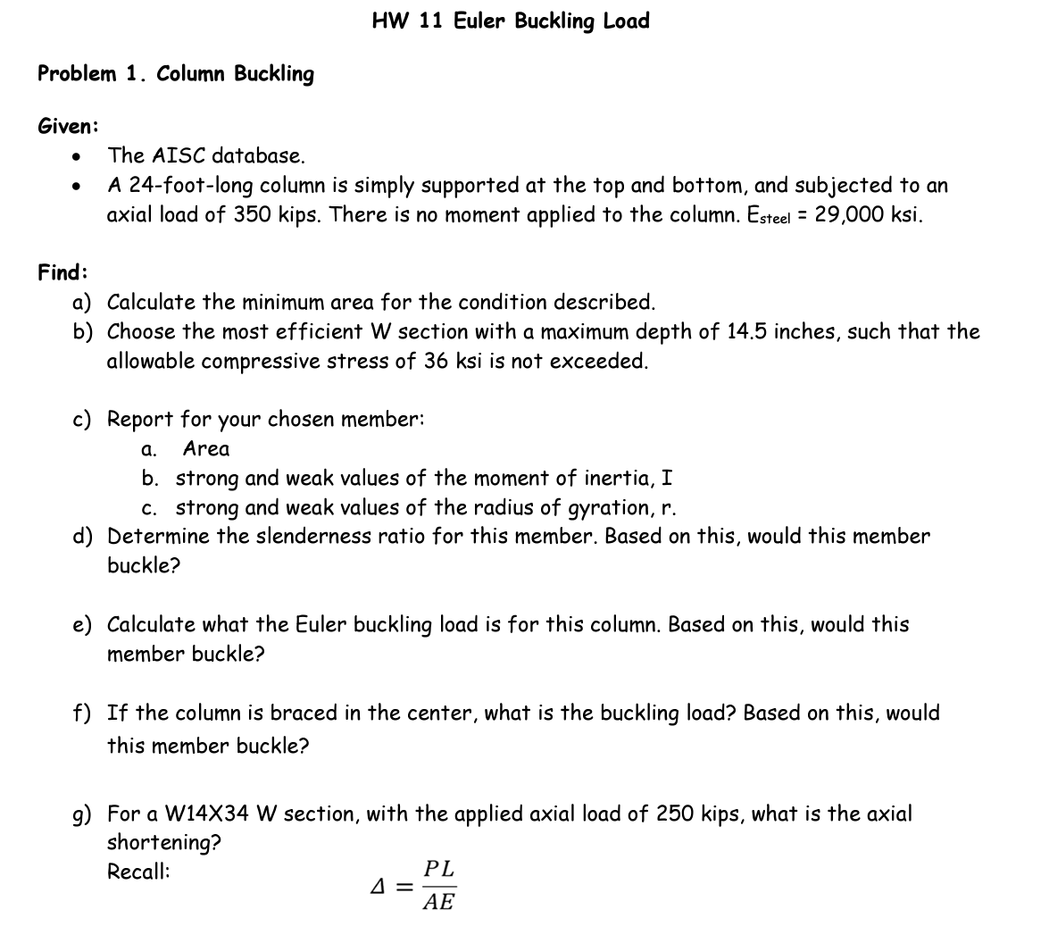 HW 1 1 Euler Buckling Load Problem 1 . Column