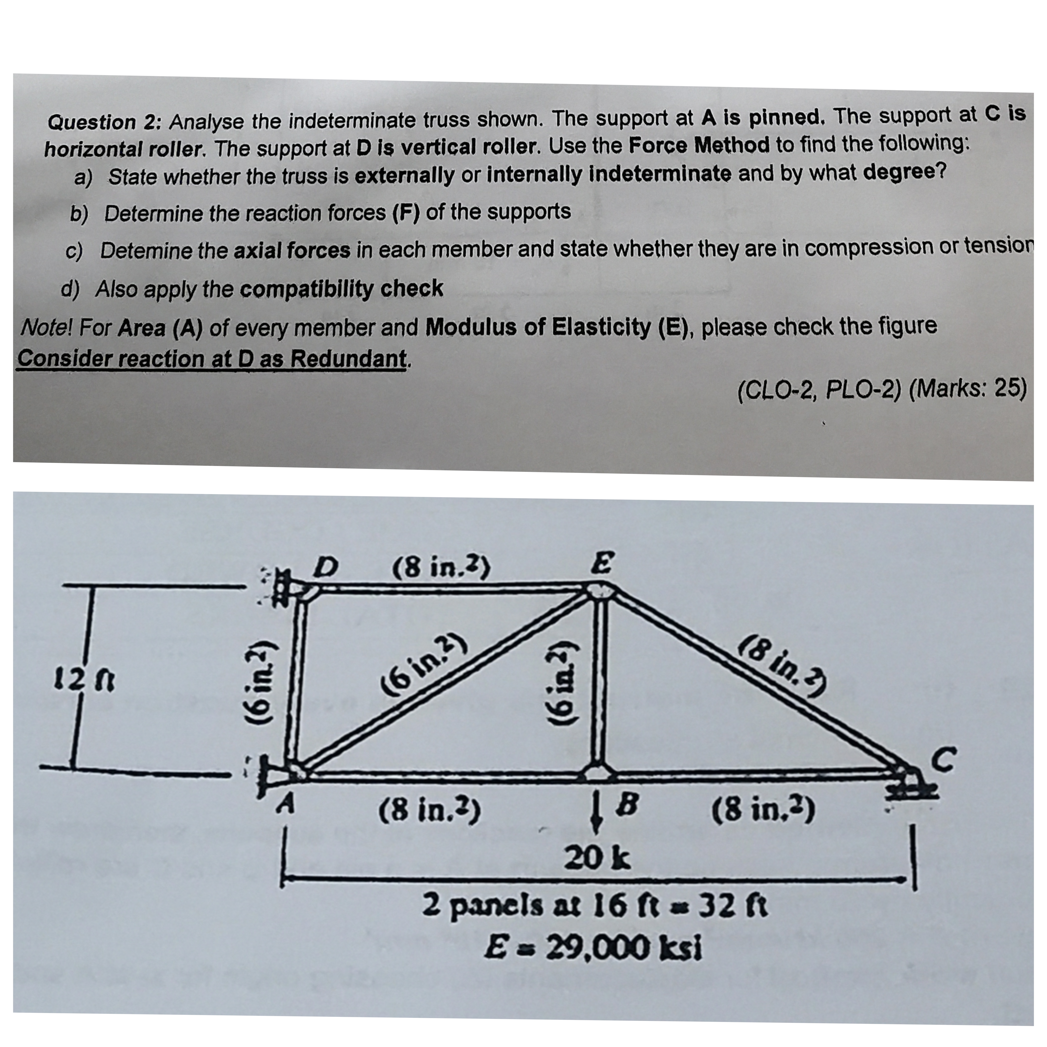Question 2 : Analyse the indeterminate truss