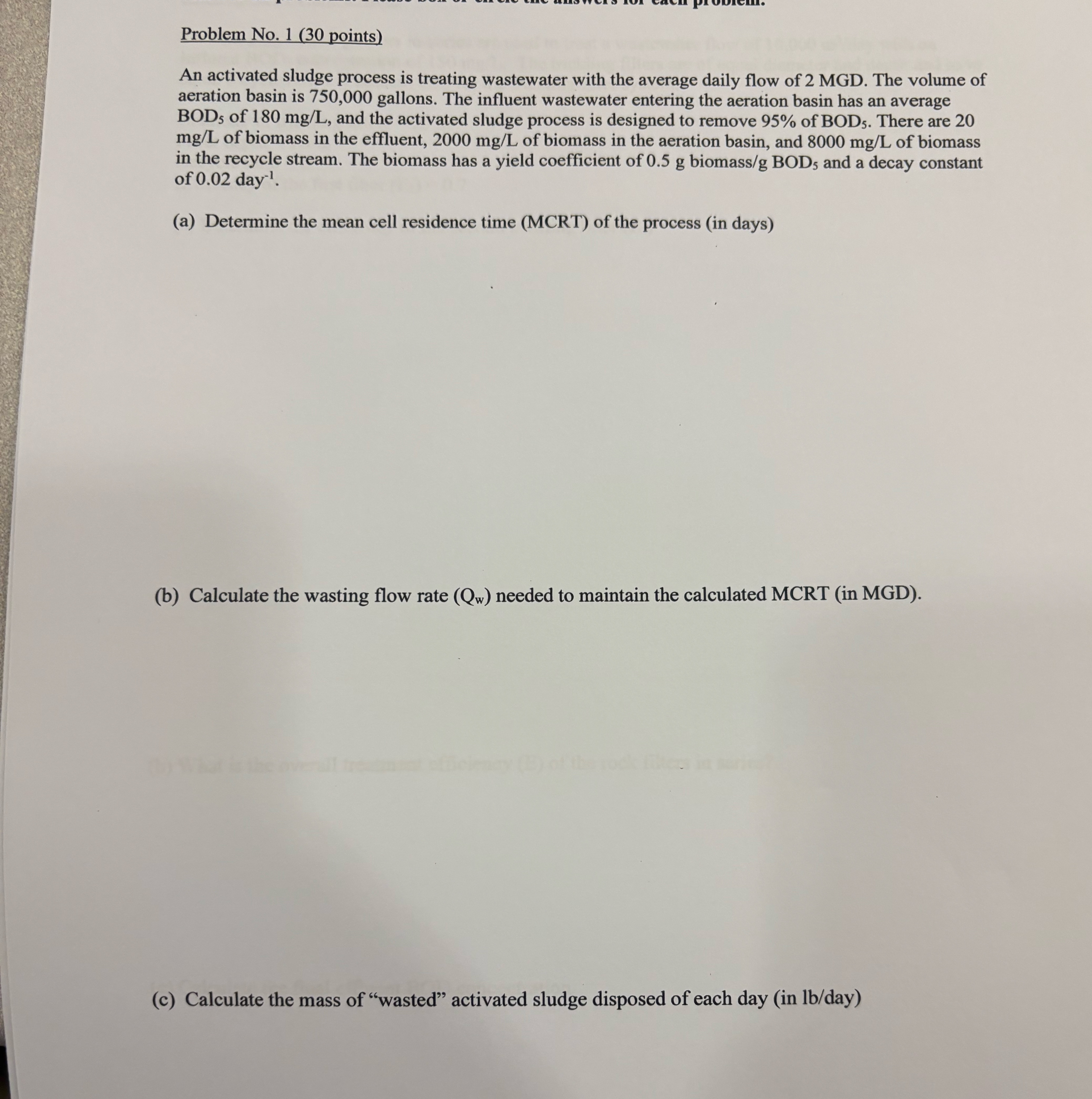 Problem No . 1 ( 3 0 points ) An activated sludge