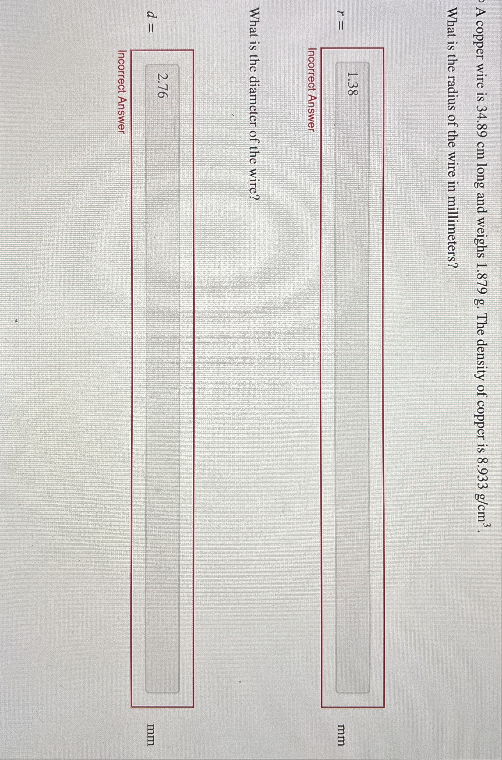 A copper wire is 3 4 . 8 9 cm long and weighs 1 .