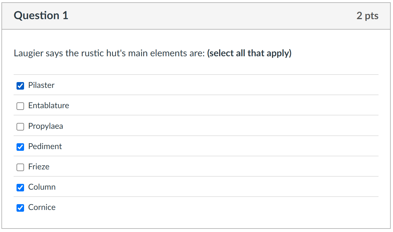 Question 1 Laugier says the rustic hut's main