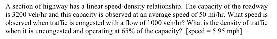 A section of highway has a linear speed - density