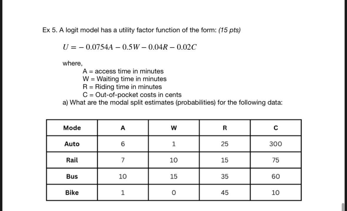Ex 5 . A logit model has a utility factor