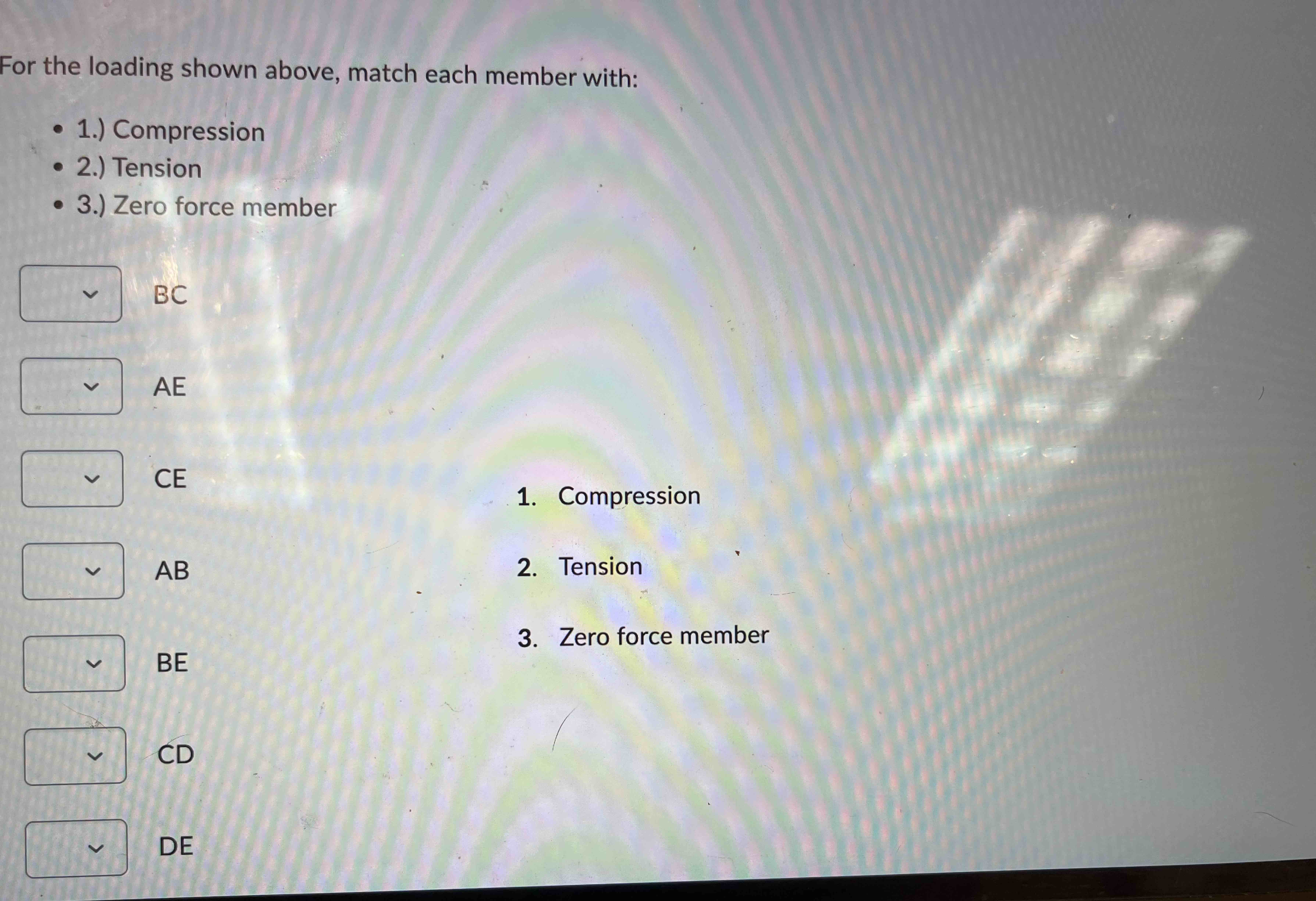 For the loading shown above, match each member