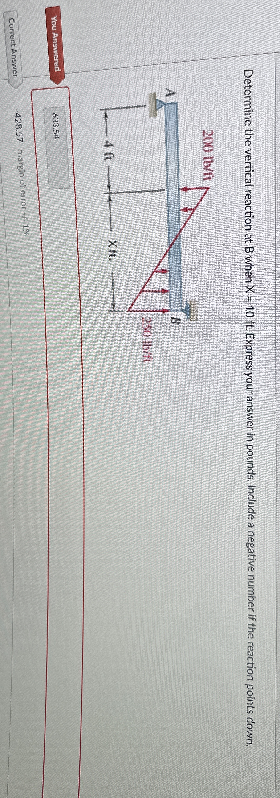Determine the vertical reaction at B when x = 1 0