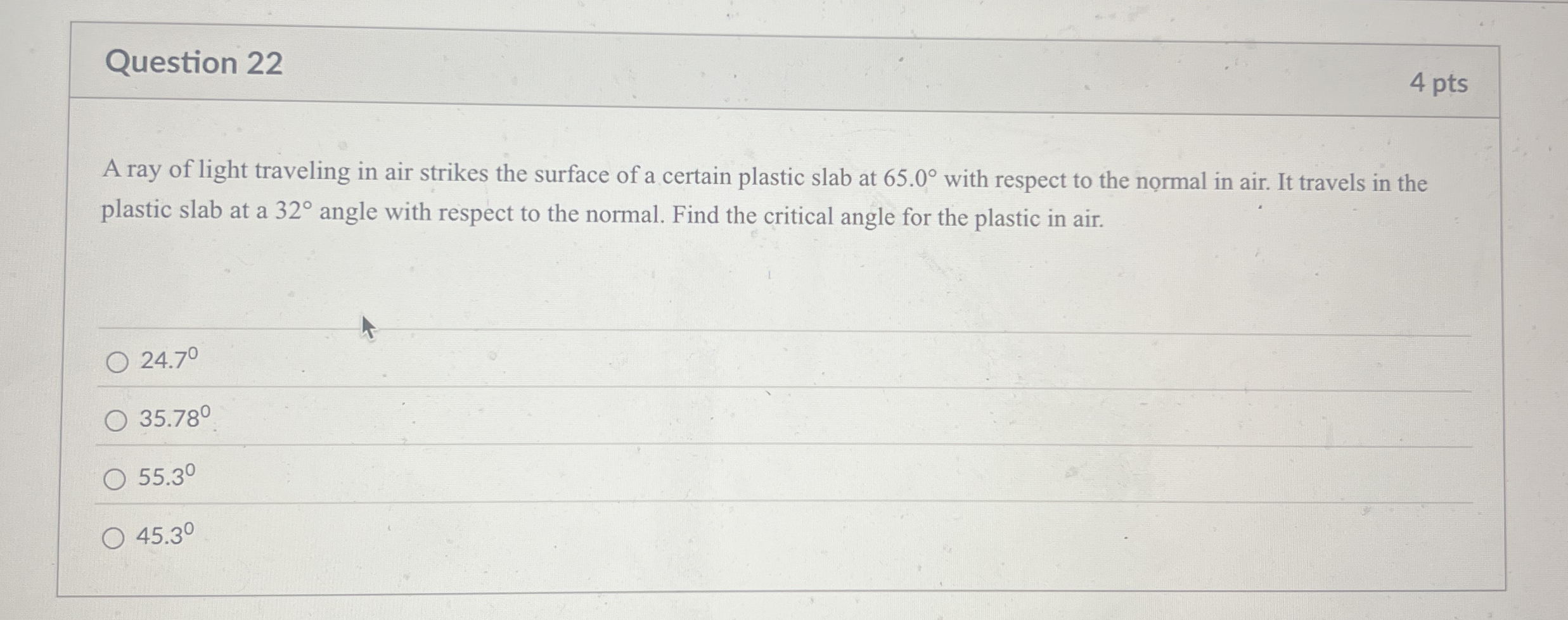 Question 2 2 4 pts A ray of light traveling in