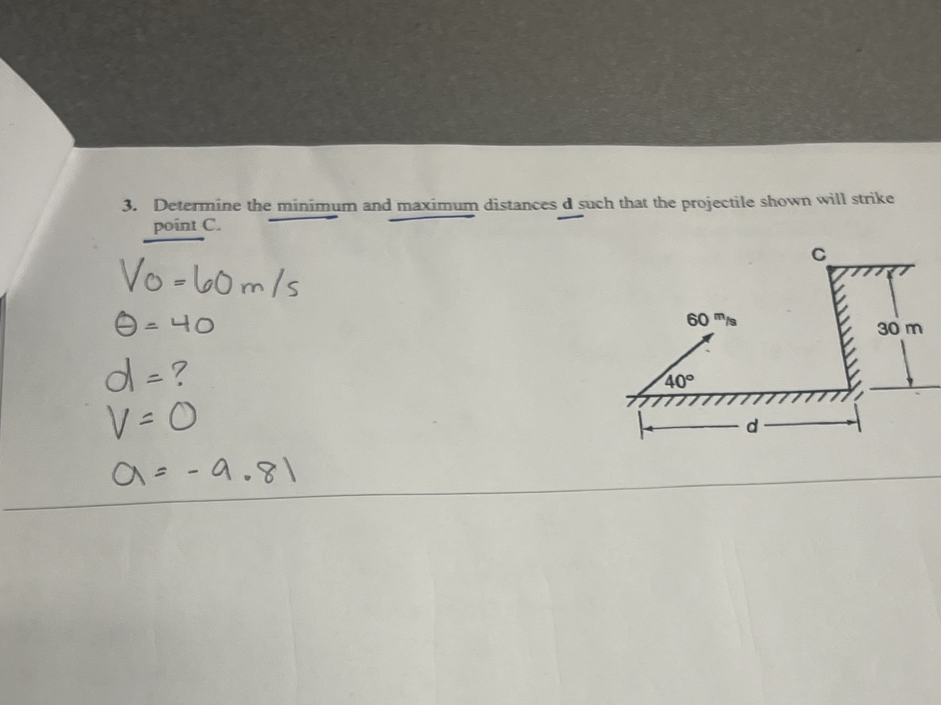 Determine the minimum and maximum distances d