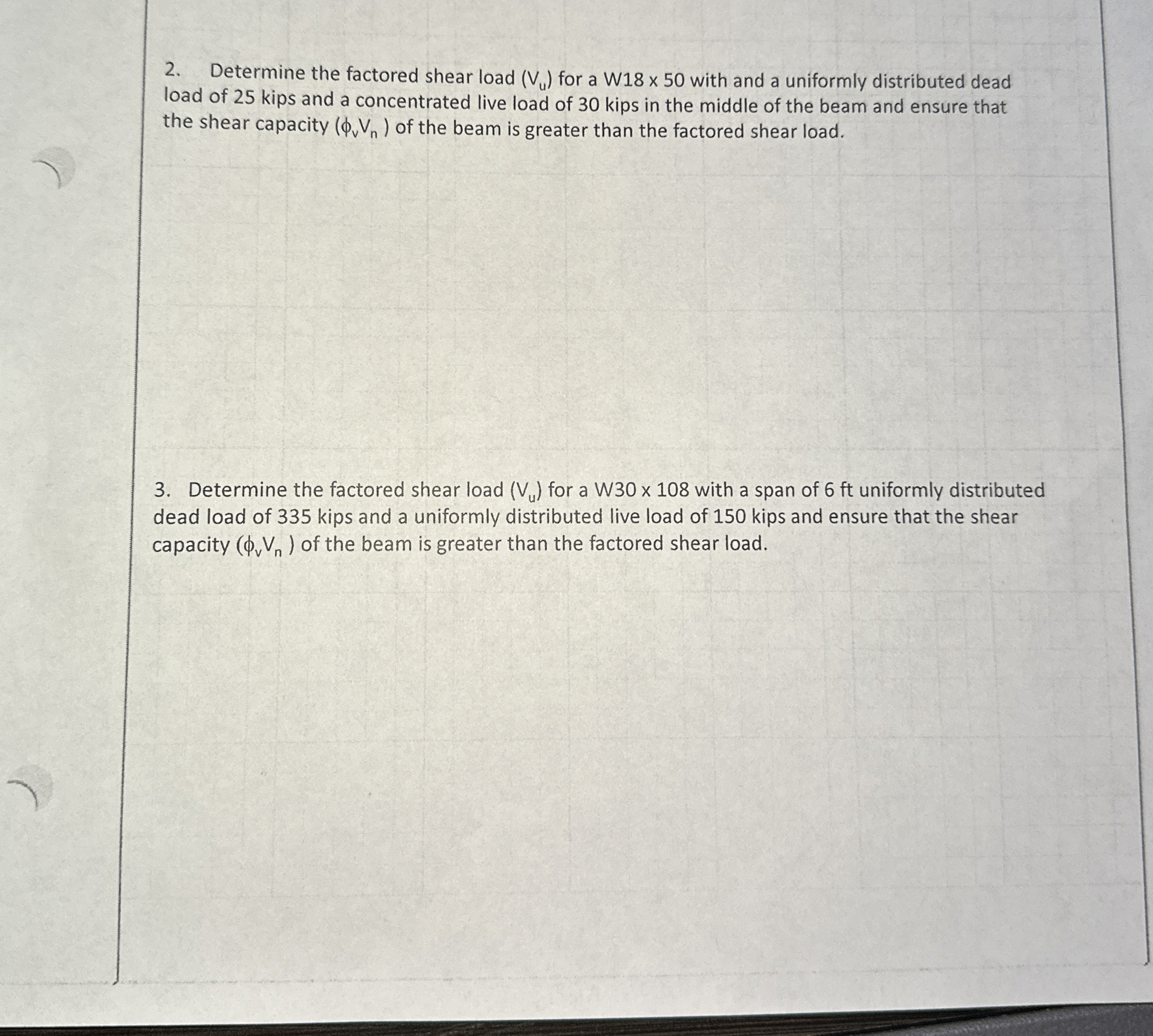 Determine the factored shear load ( V u ) for a W