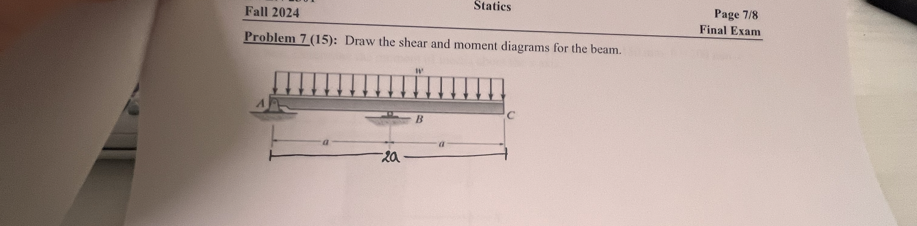 Fall 2 0 2 4 Problem 7 ( 1 5 ) : Draw the shear