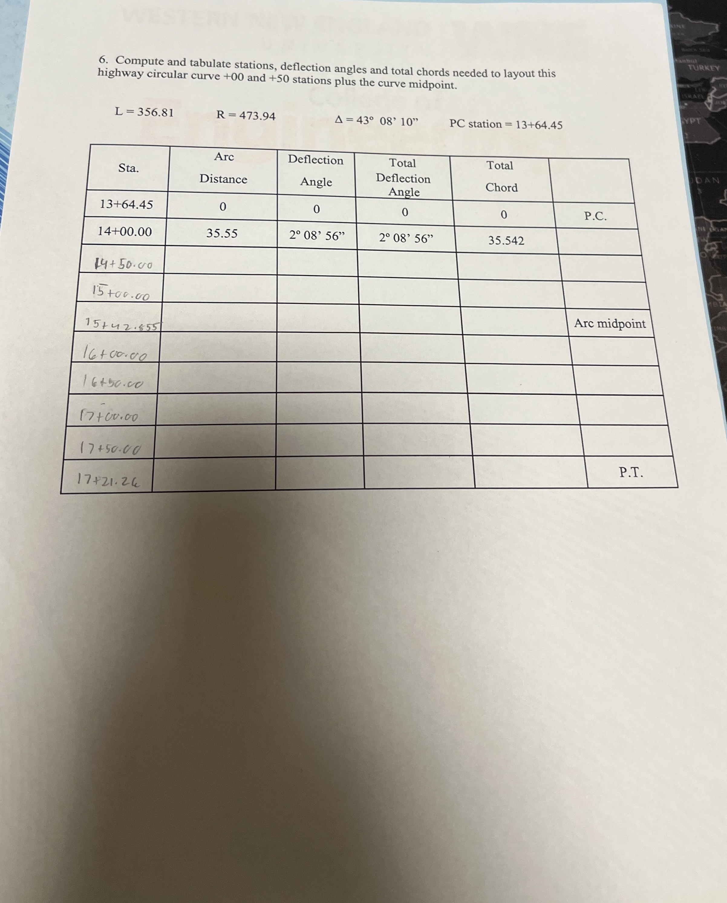 Compute and tabulate stations, deflection angles
