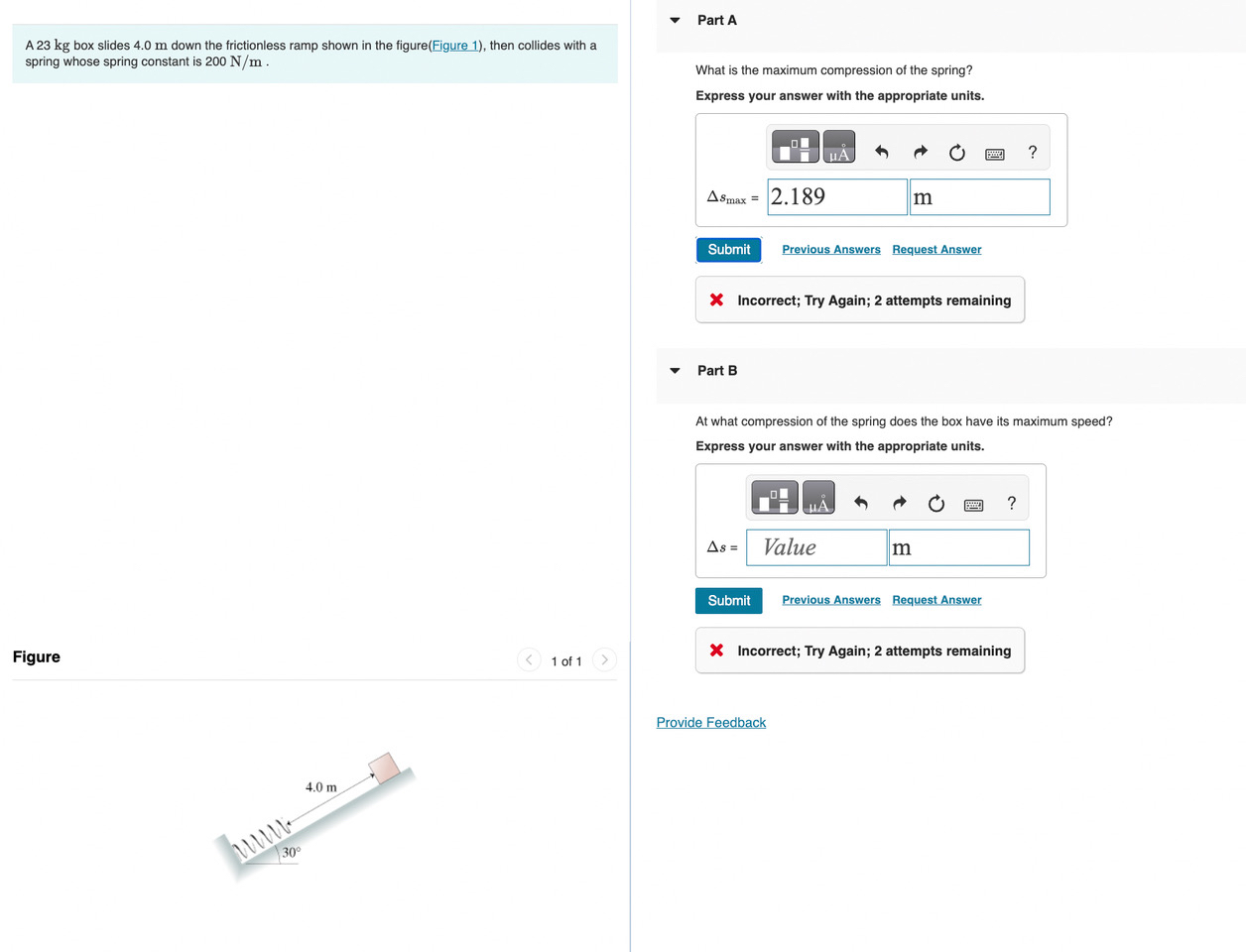 A 2 3 kg box slides 4 . 0 m down the frictionless