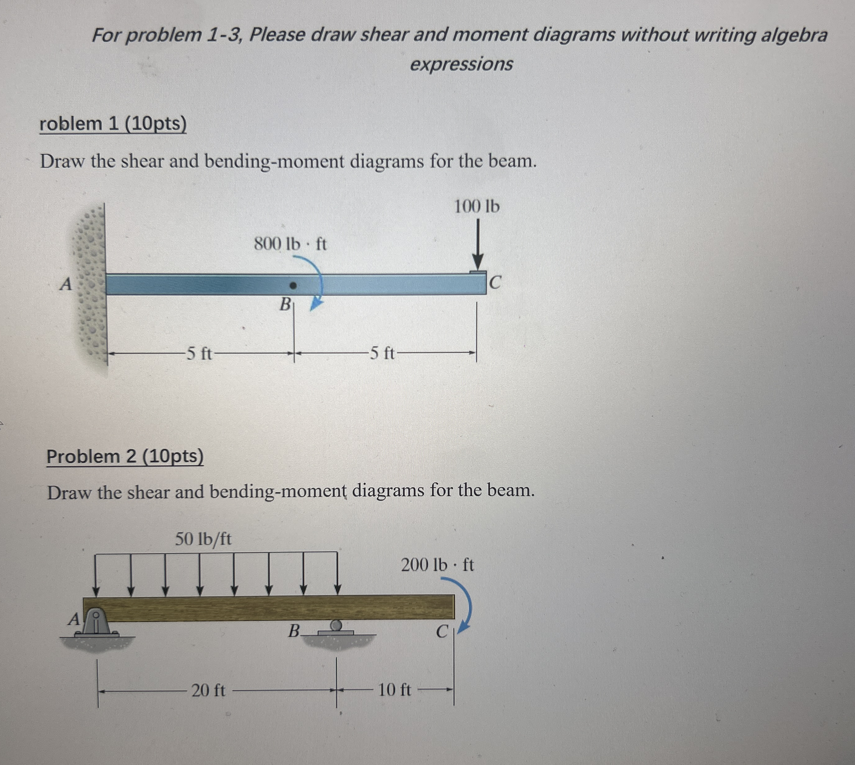 For problem 1 - 3 , Please draw shear and moment