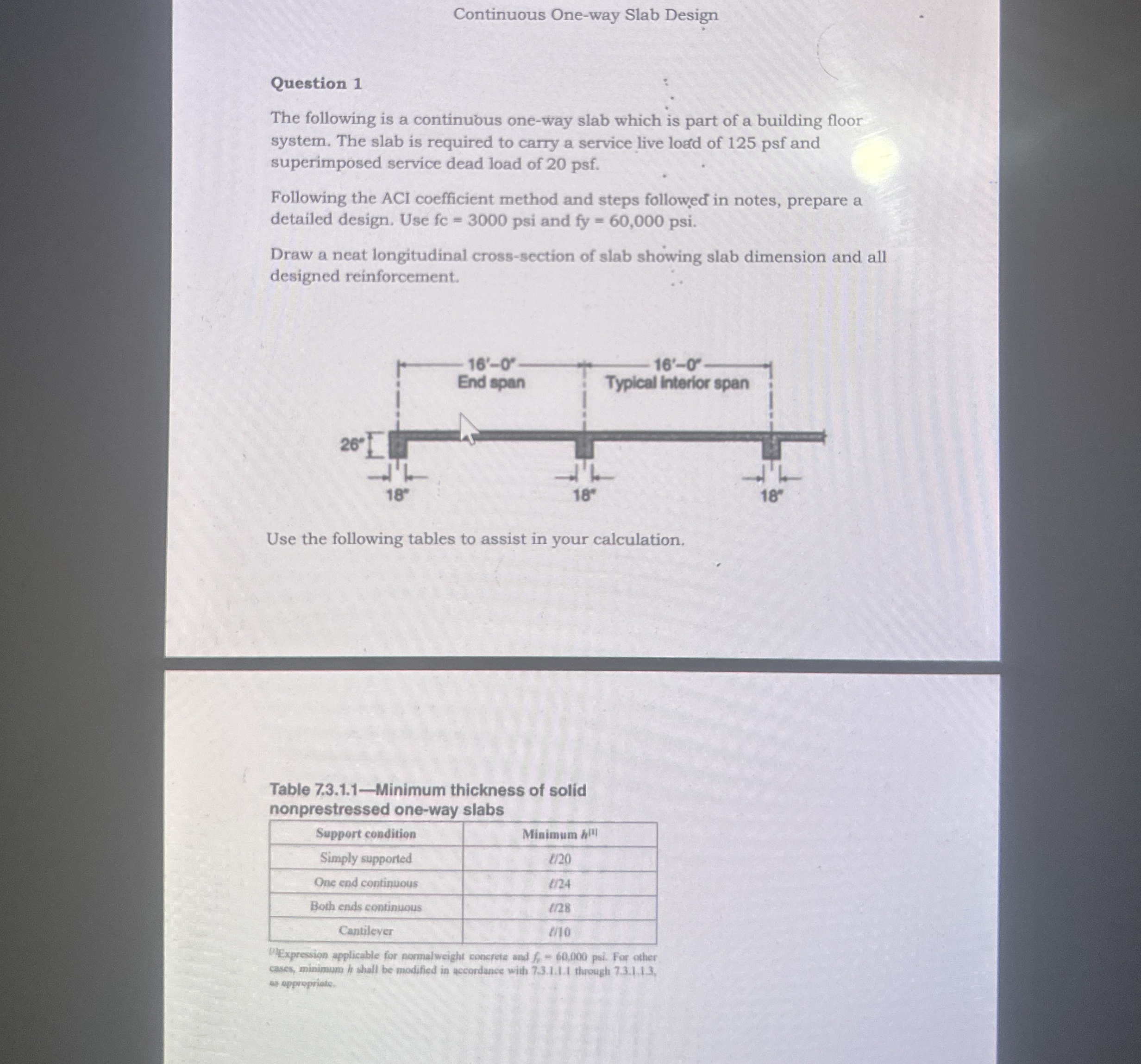 Continuous One - way Slab Design Question 1 The