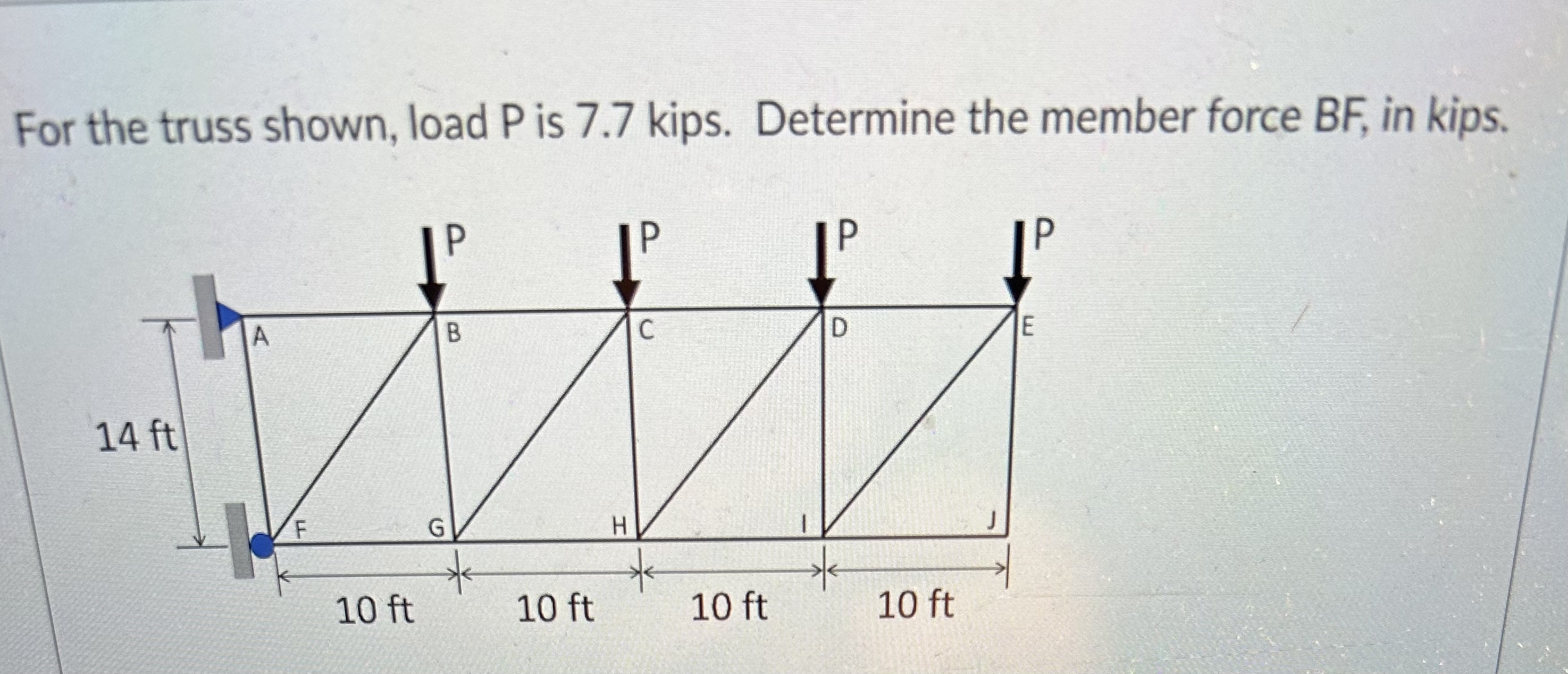 For the truss shown, load P is 7 . 7 kips.