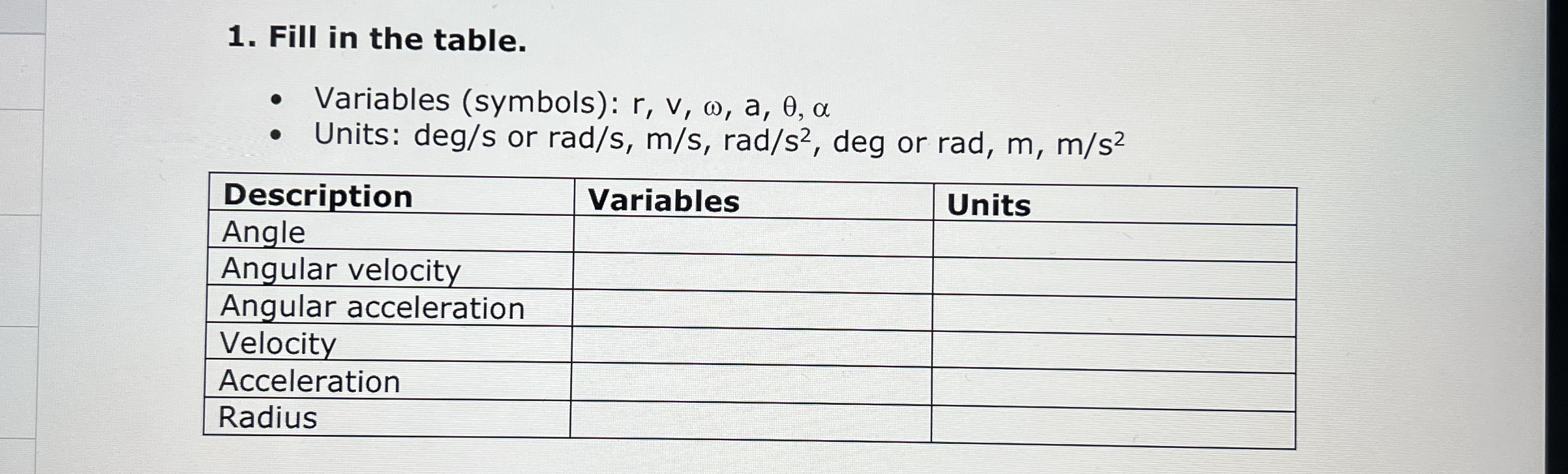 Fill in the table. Variables ( symbols ) : r , v
