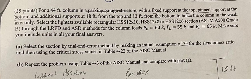 ( 3 5 points ) For a 4 4 ft . column in a parking
