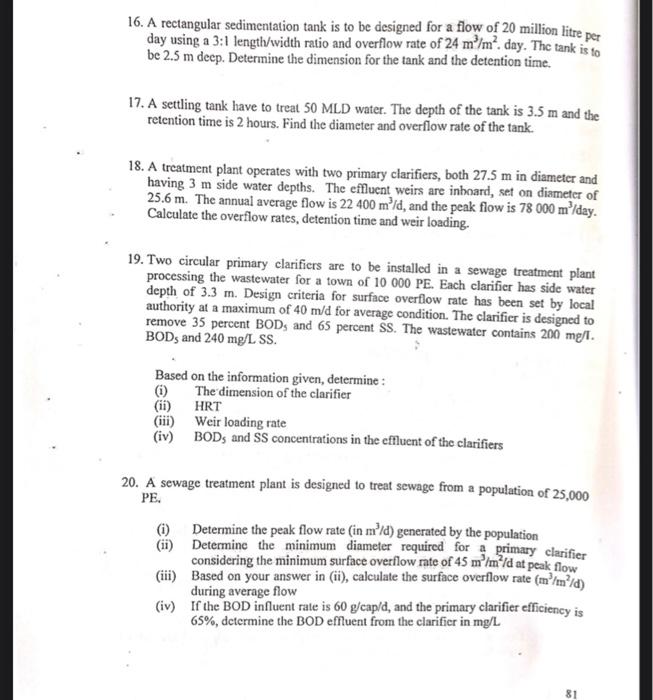 4 . A rectangular sedimentation tank is to be