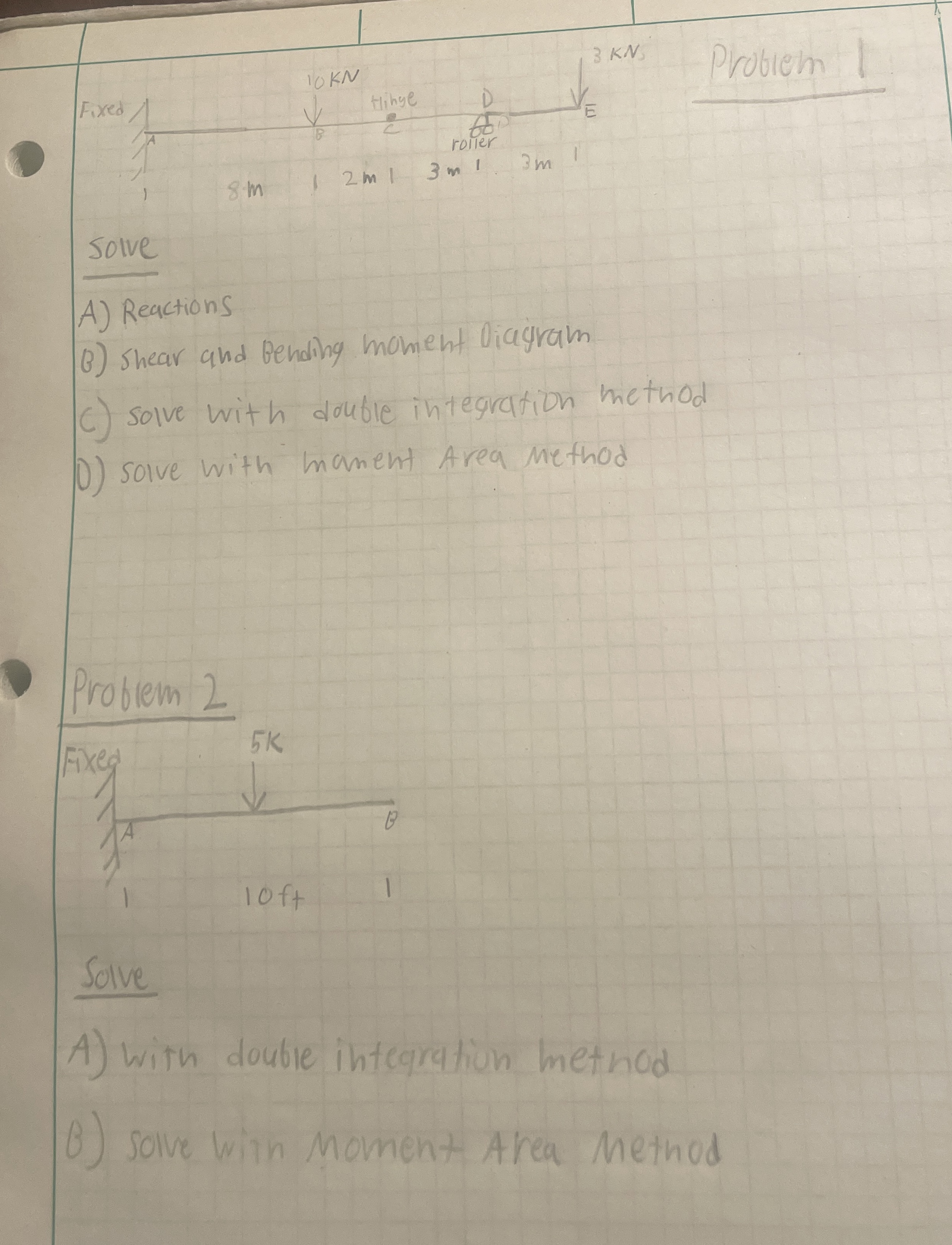 Problem 1 solve A ) Reactions B ) Shear and