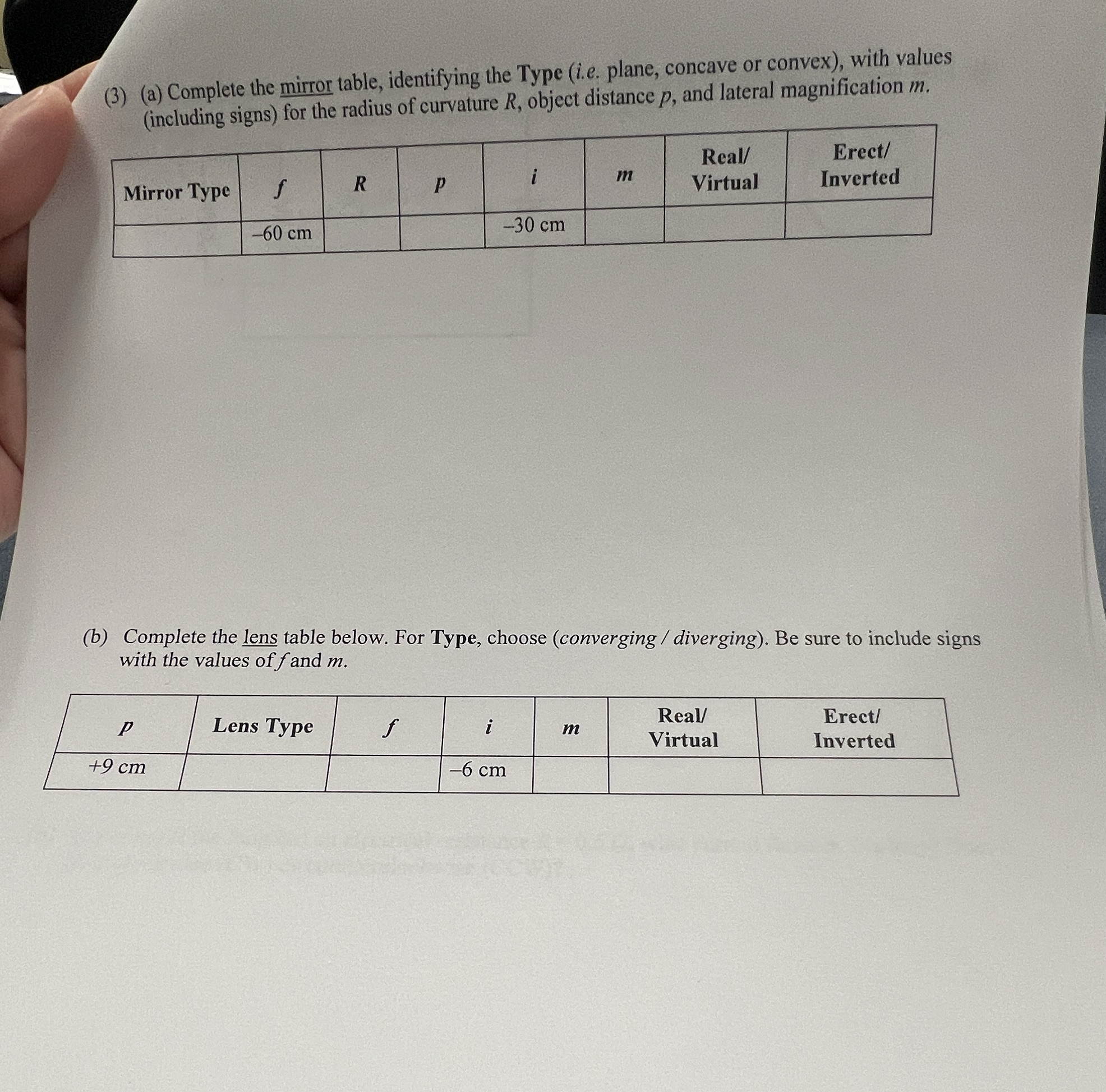 ( 3 ) ( a ) Complete the mirror table,