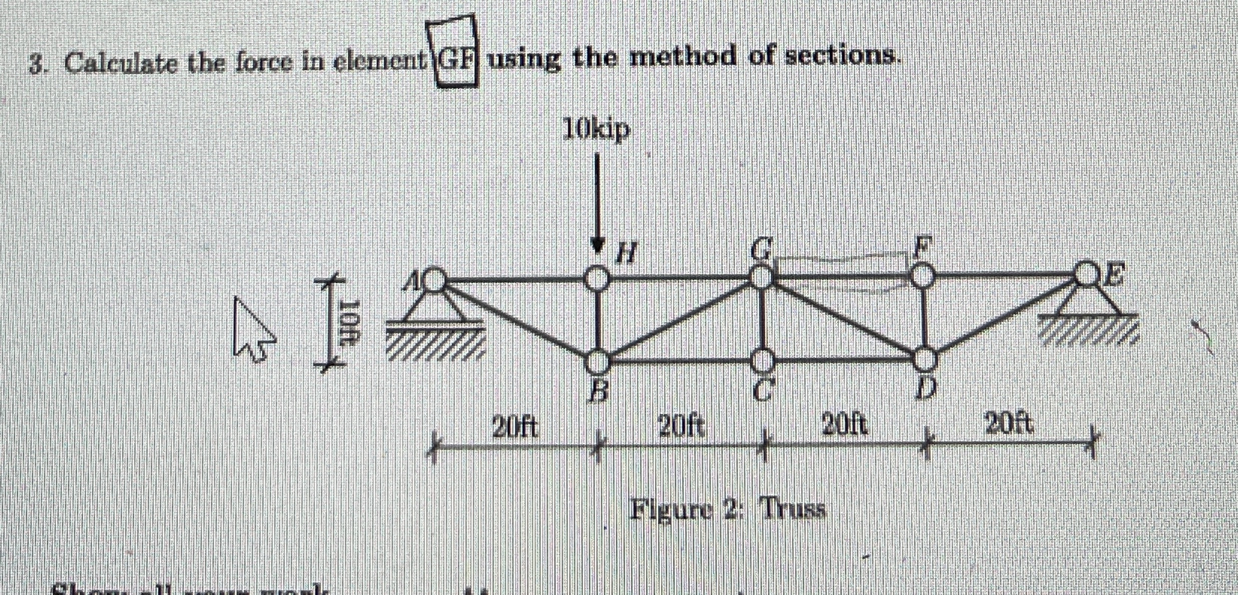Calculate the force in element GF using the