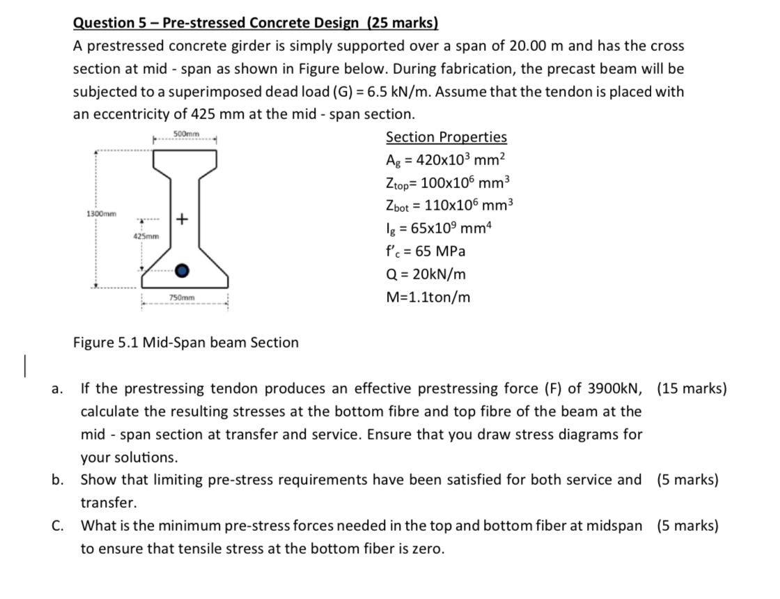Question 5 - Pre - stressed Concrete Design ( 2 5