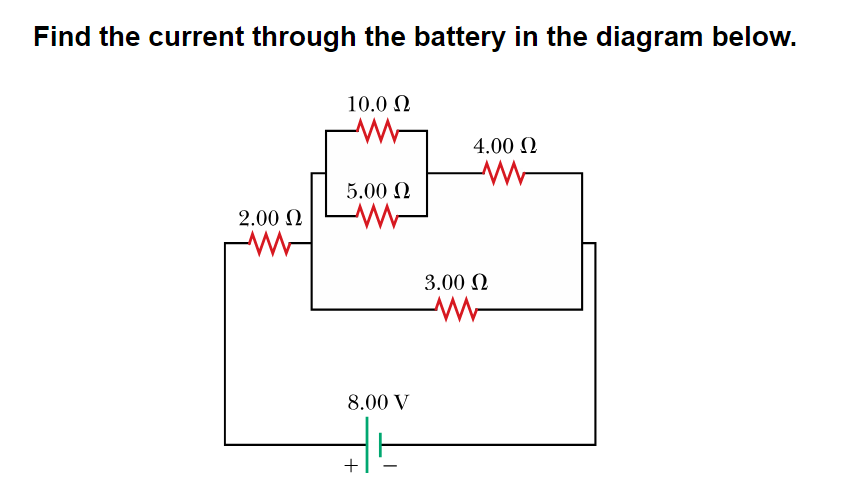 Find the current through the battery in the