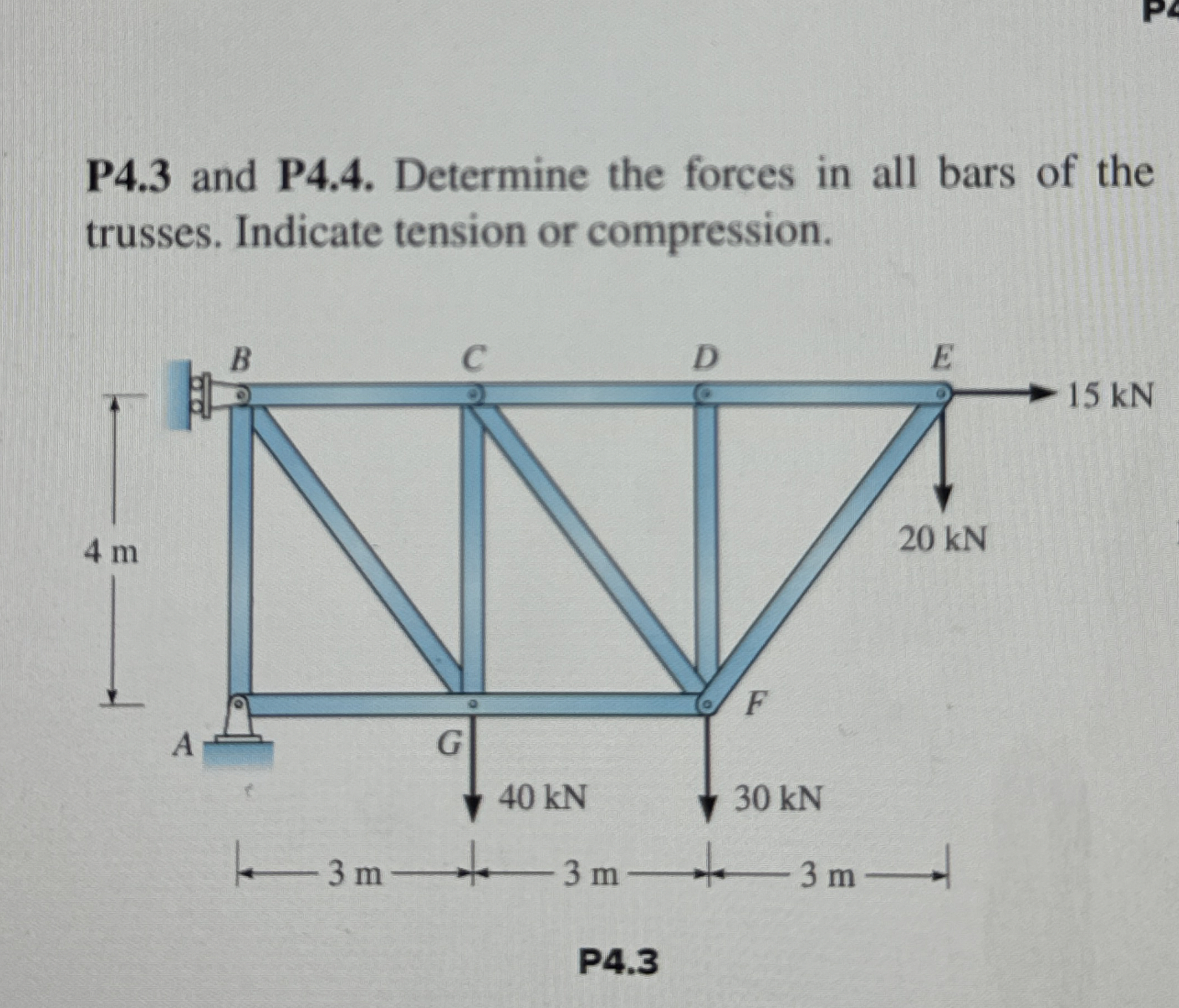 P 4 . 3 and P 4 . 4 . Determine the forces in all