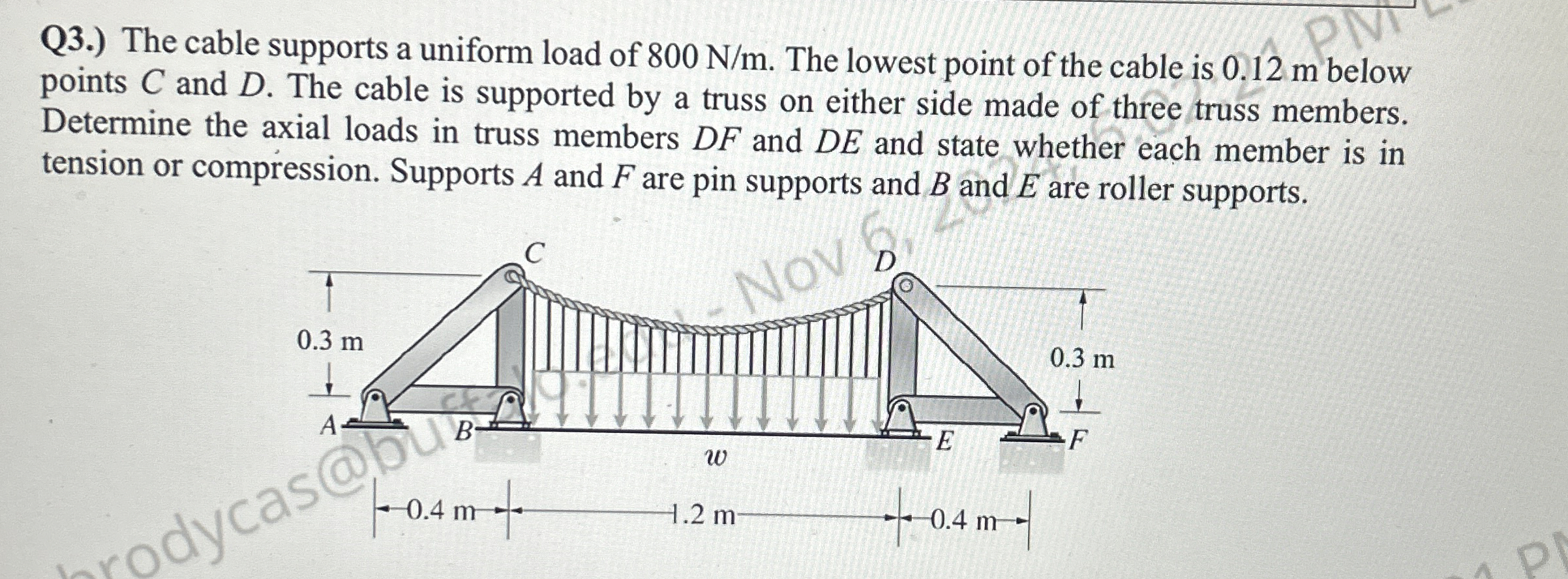 Q 3 . ) The cable supports a uniform load of 8 0