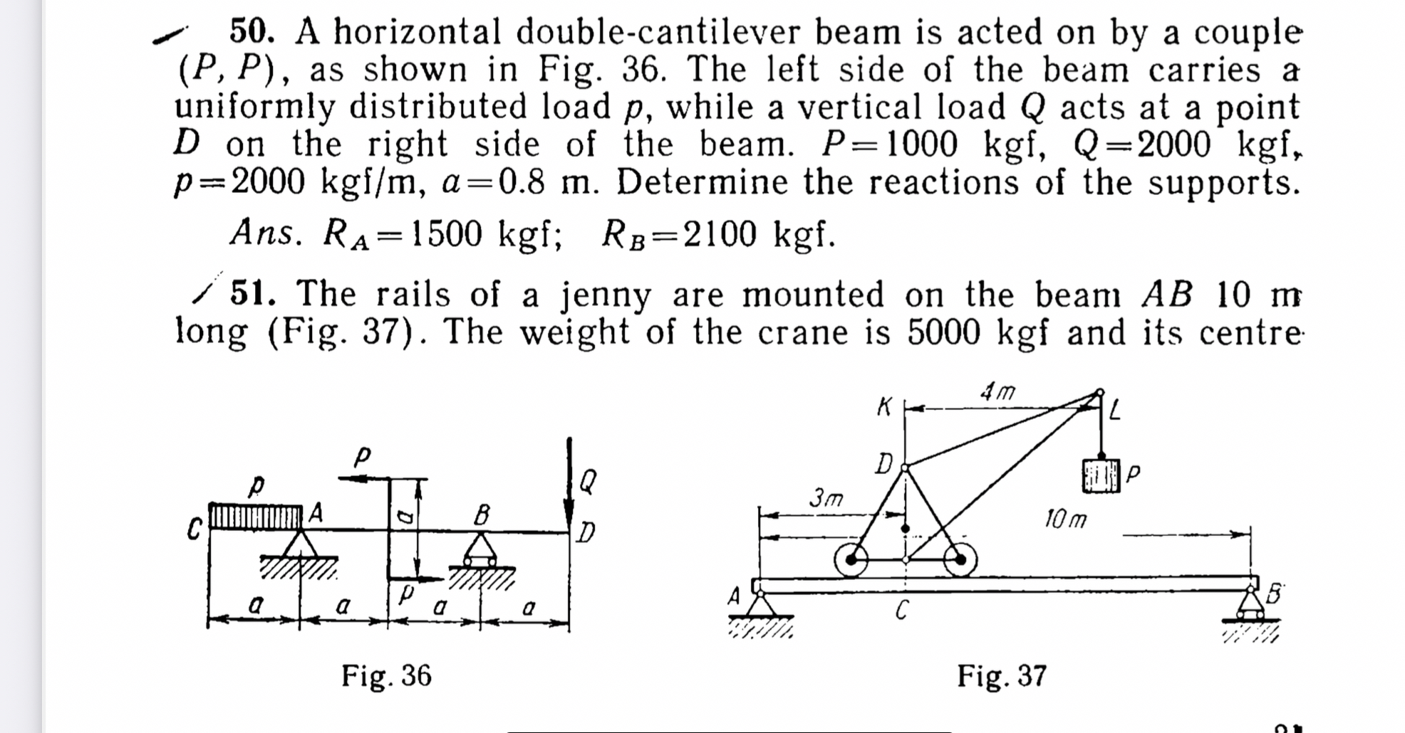 A horizontal double - cantilever beam is acted on
