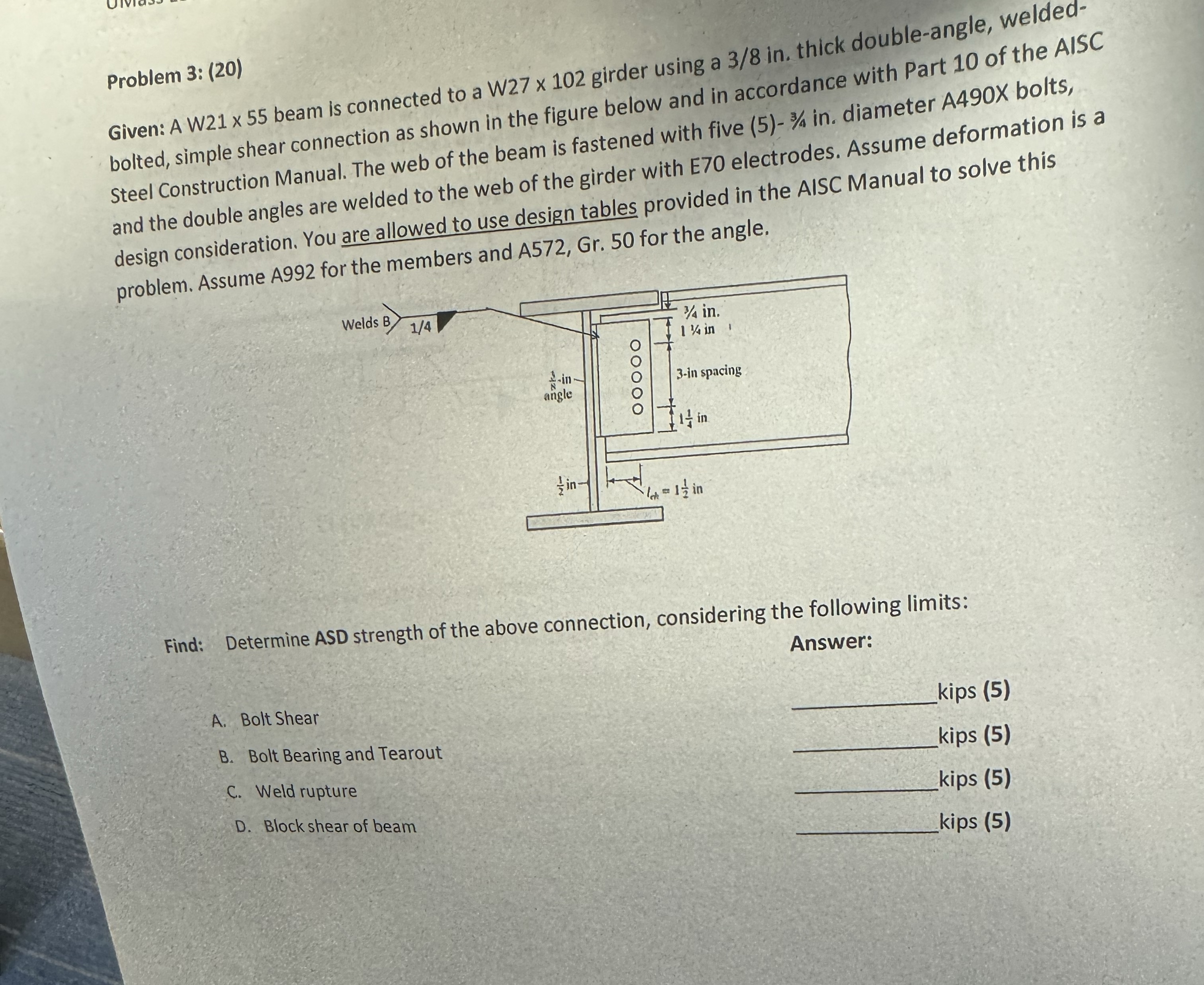 Problem 3 : ( 2 0 ) Given: A W 2 1 \ times 5 5