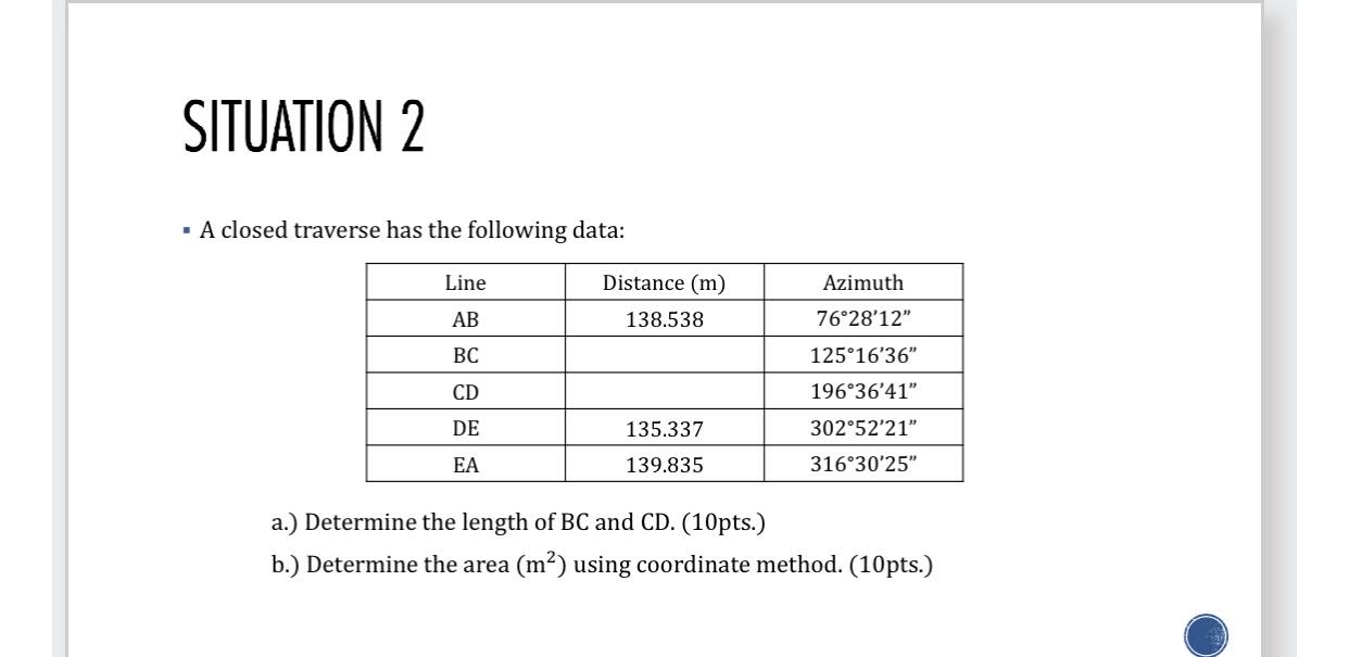 SITUATION 2 A closed traverse has the following