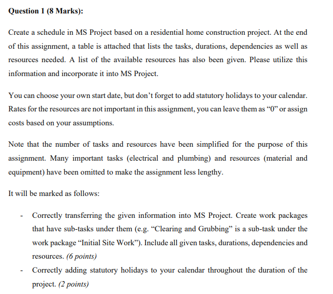 Question 1 ( 8 Marks ) : Create a schedule in MS