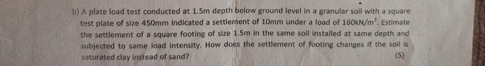 b ) A plate load test conducted at 1 . 5 m depth