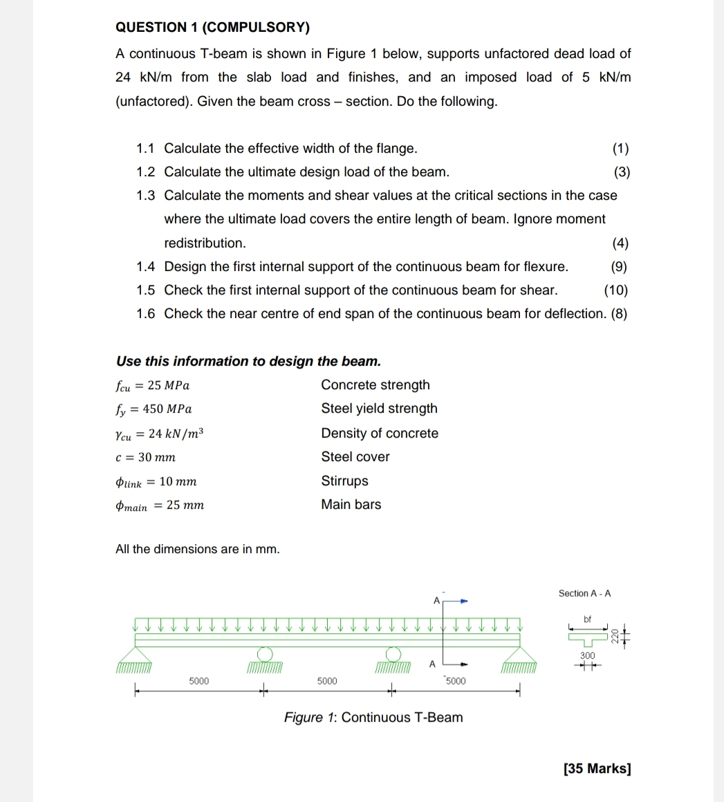 QUESTION 1 ( COMPULSORY ) A continuous T - beam