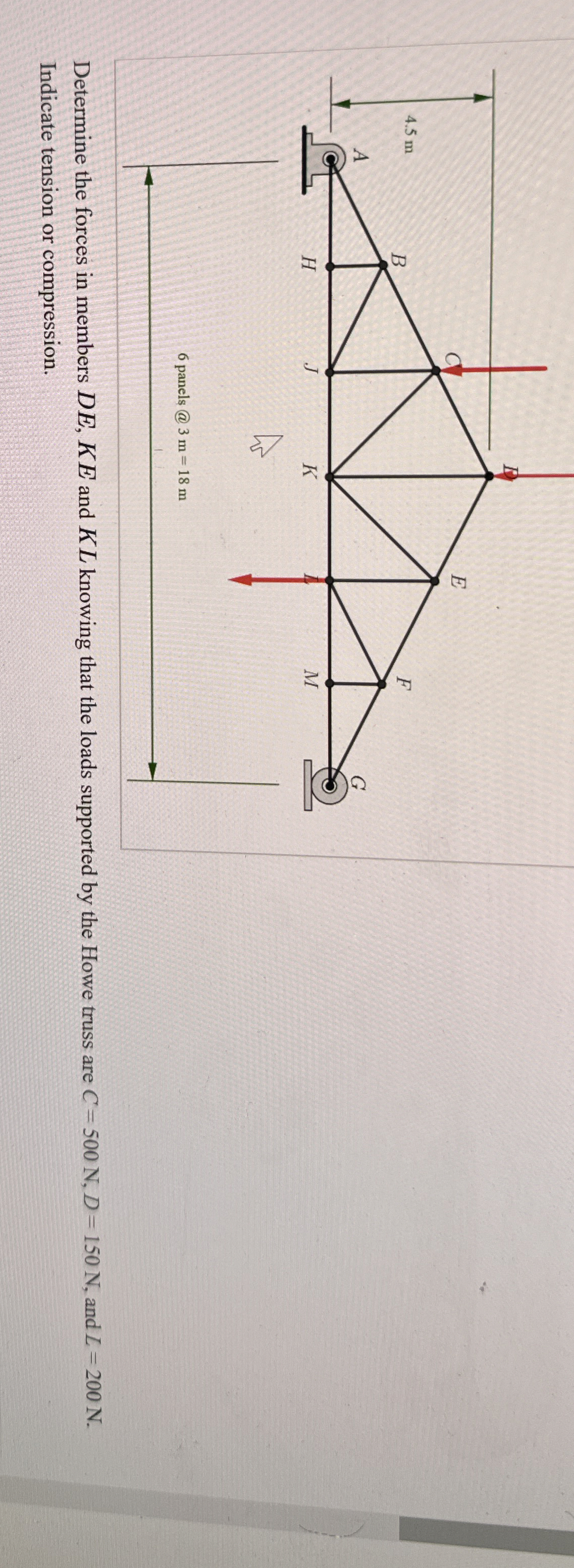 Determine the forces in members D E , K E and K L