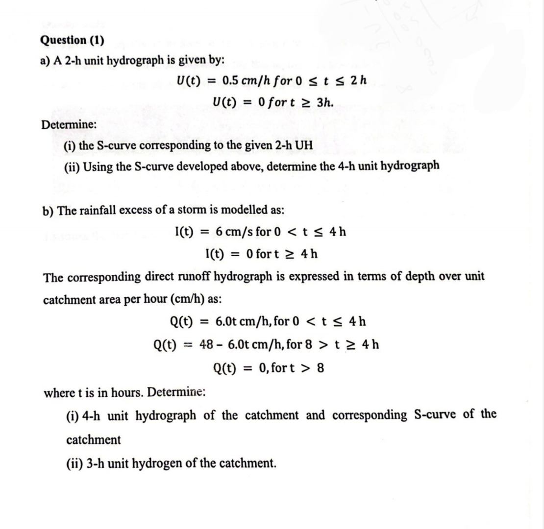 Question ( 1 ) a ) A 2 - h unit hydrograph is