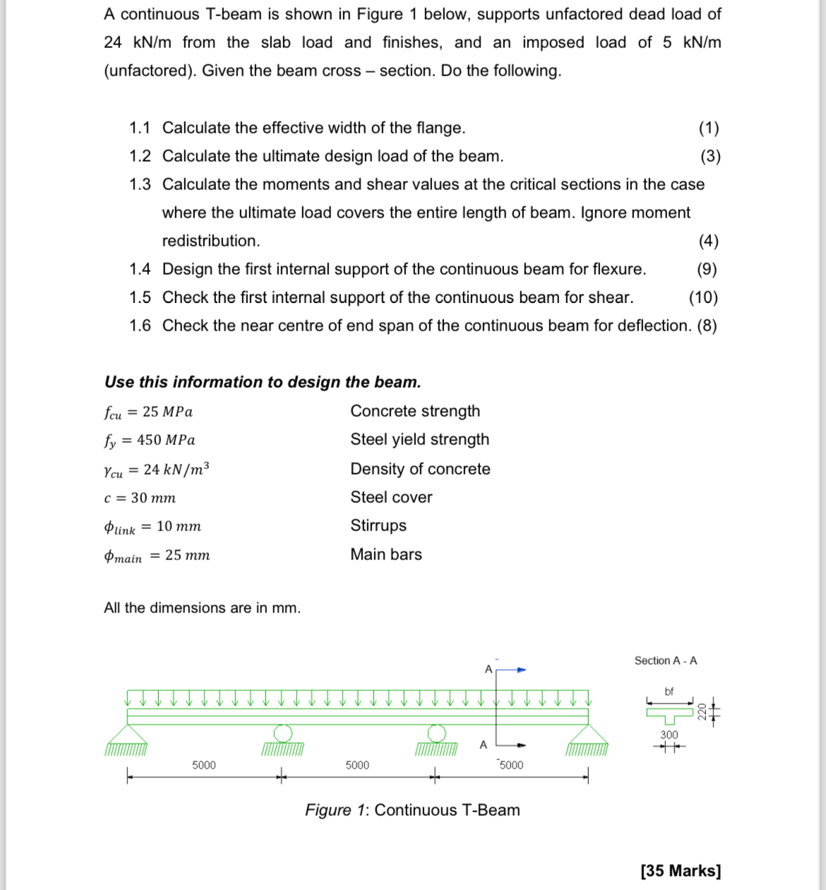 A continuous T - beam is shown in Figure 1 below,