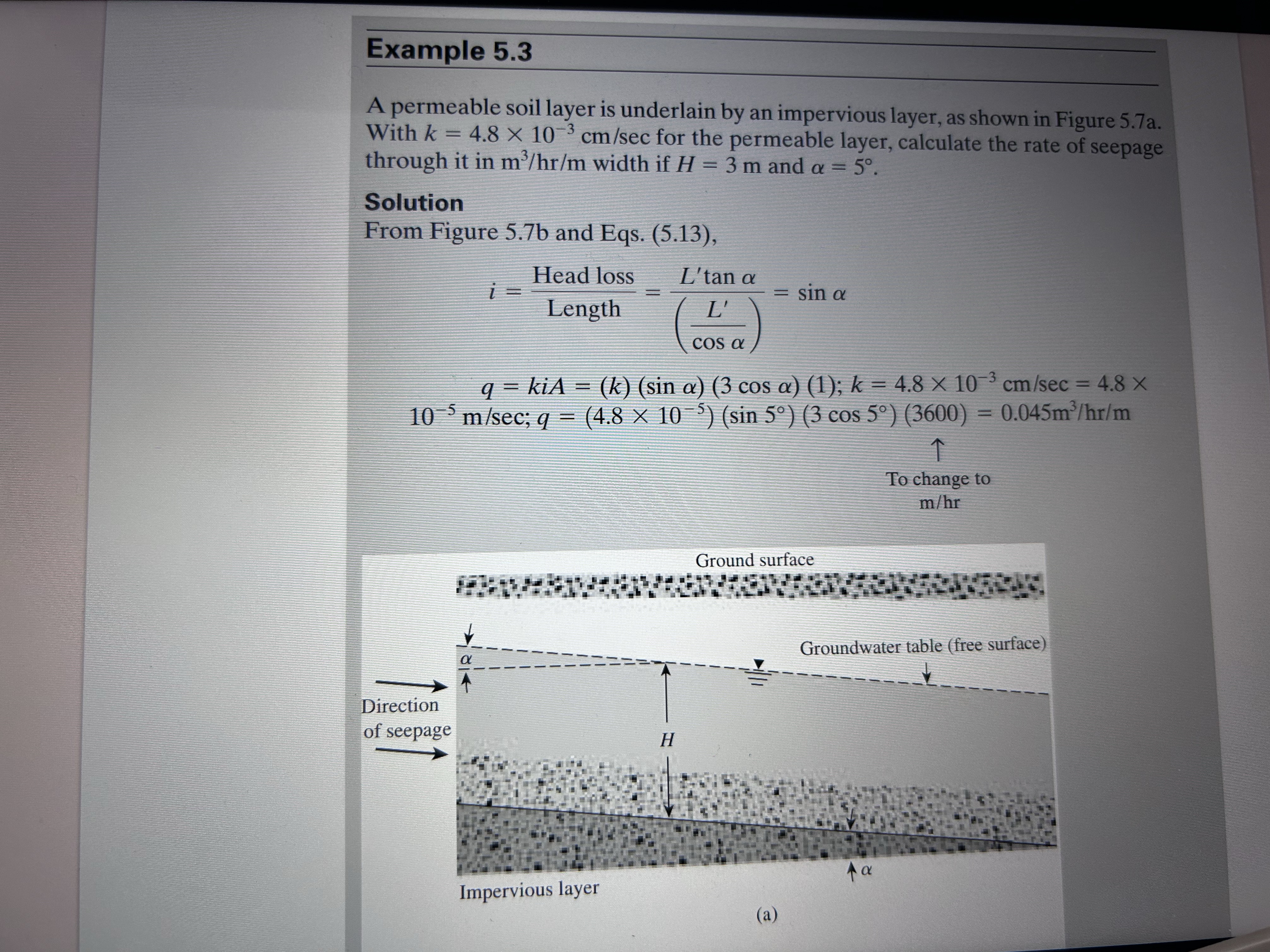 Example 5 . 3 A permeable soil layer is underlain