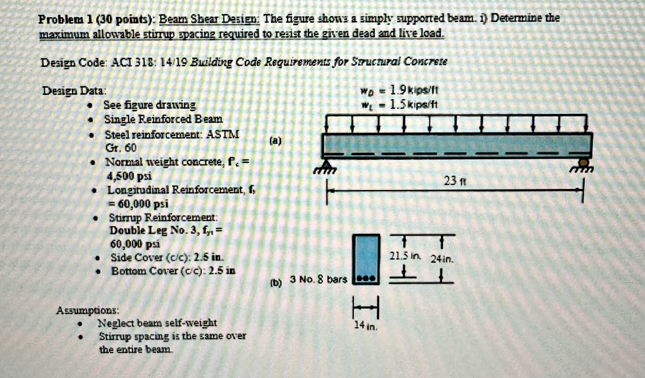 Problem 1 ( 3 0 points ) : Beam Shear Design; The