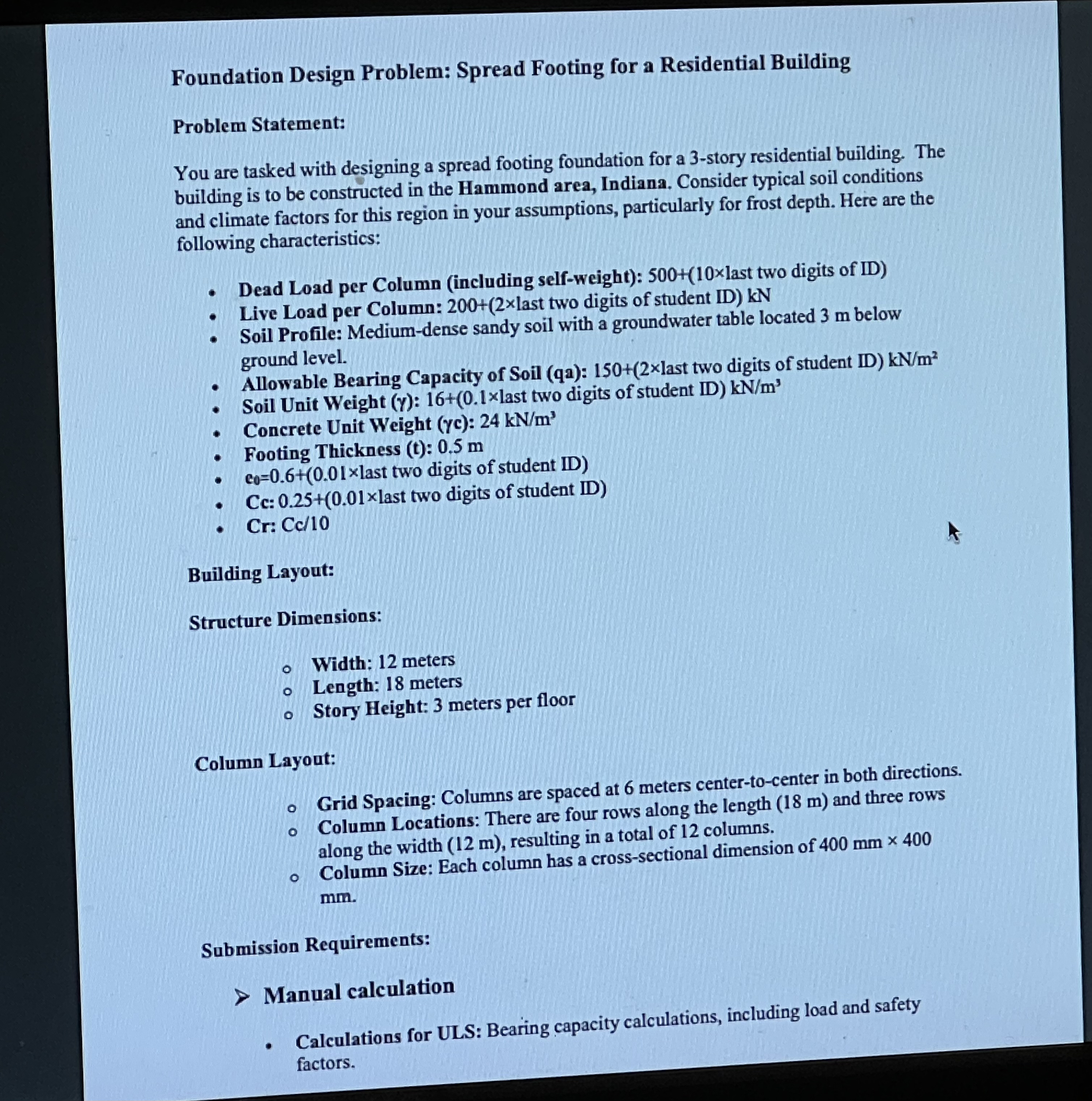 Foundation Design Problem: Spread Footing for a