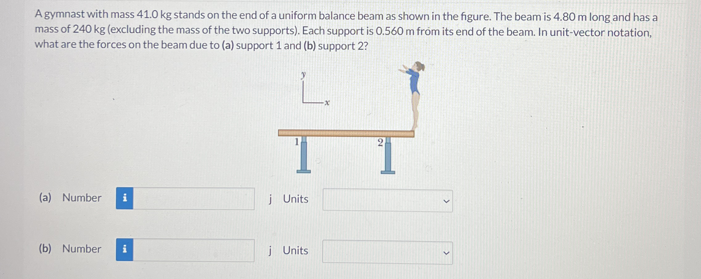 A gymnast with mass 4 1 . 0 kg stands on the end