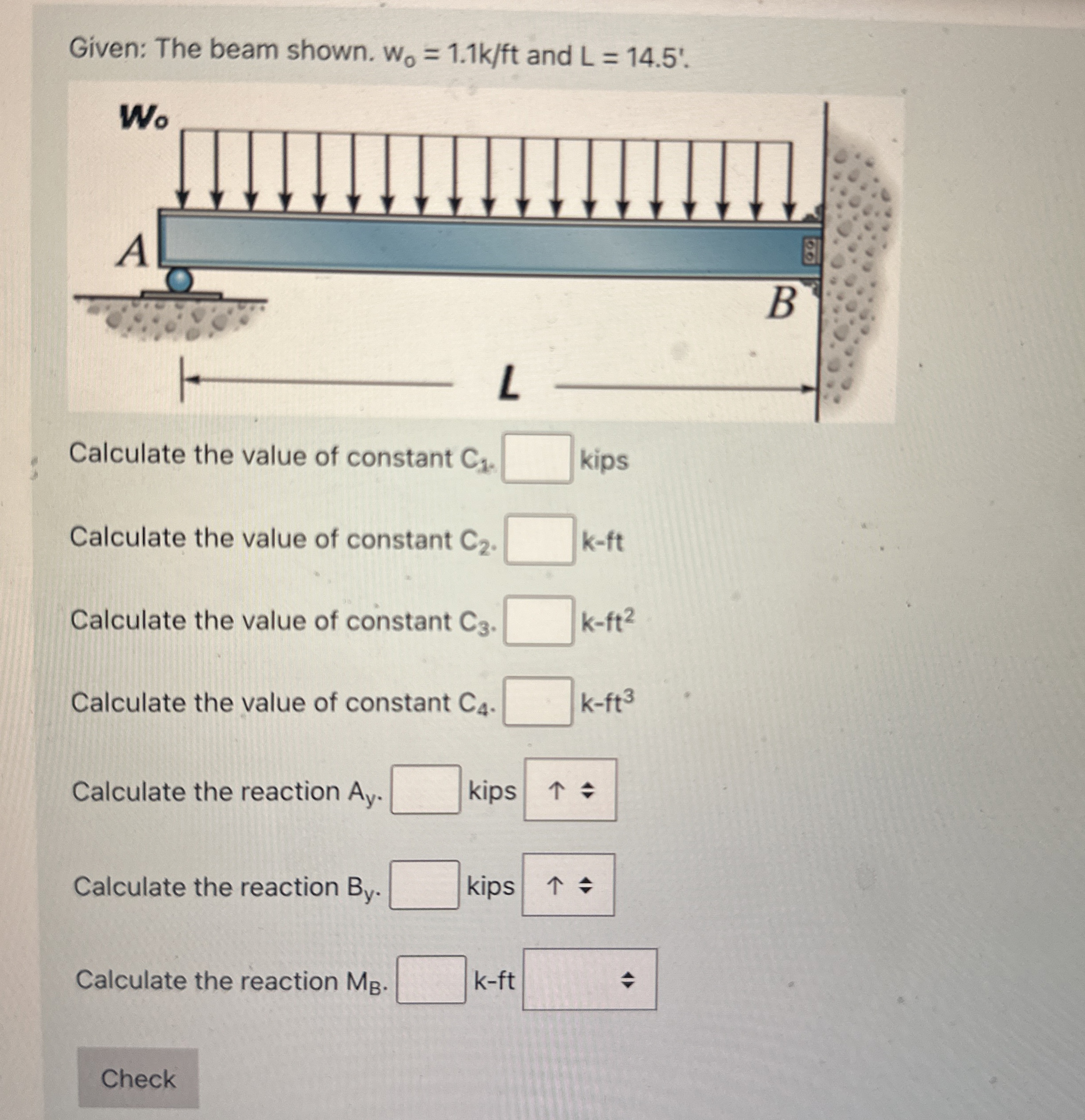Given: The beam shown. w n = 1 . 1 k f t and I -