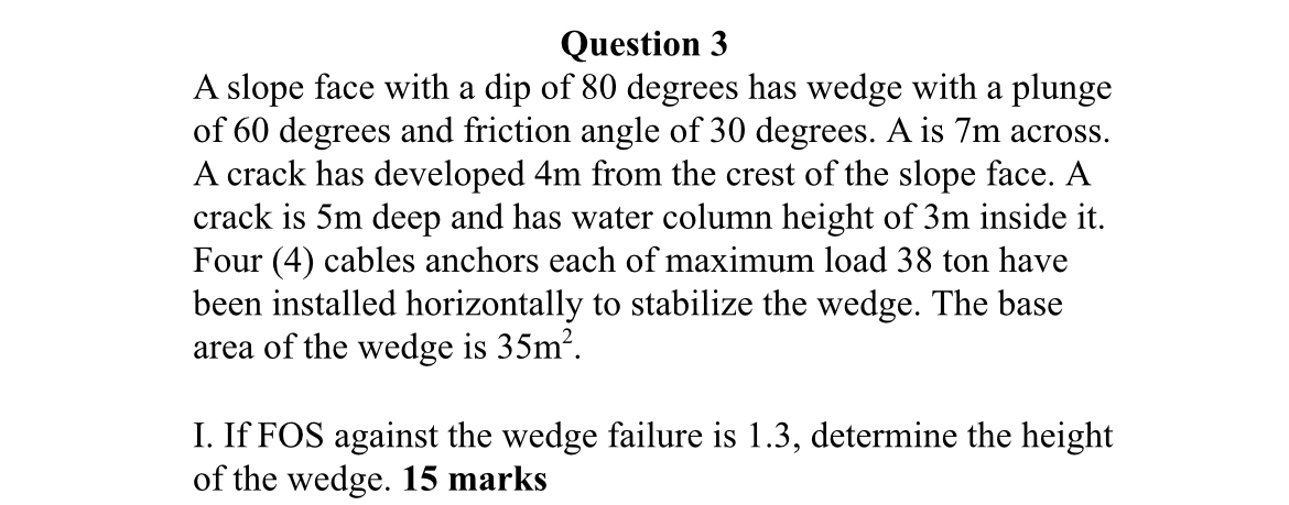 Question 3 A slope face with a dip of 8 0 degrees