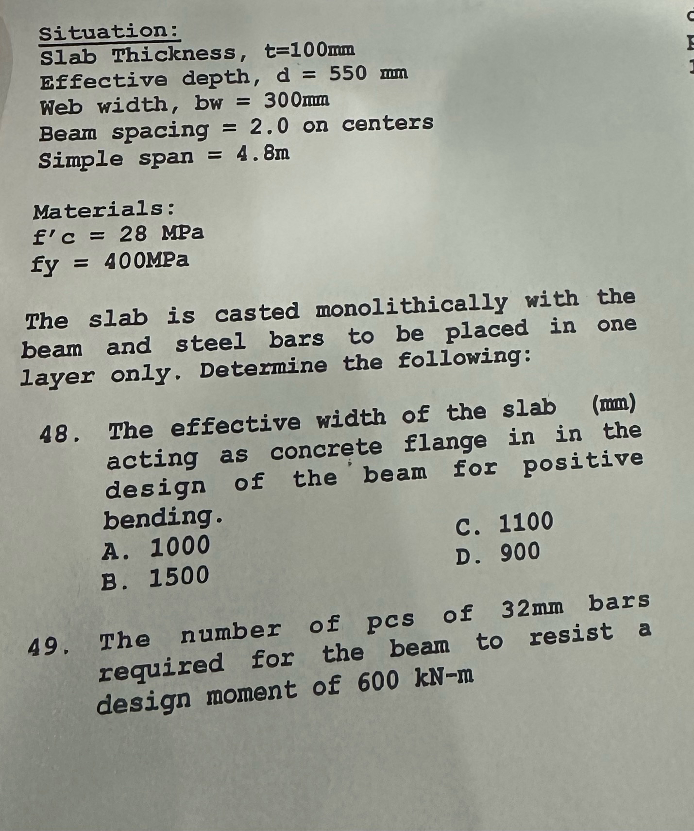 Situation: Slab Thickness, t = 1 0 0 m m