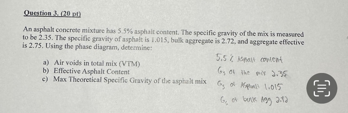 Question 3 . ( 2 0 pt ) An asphalt concrete