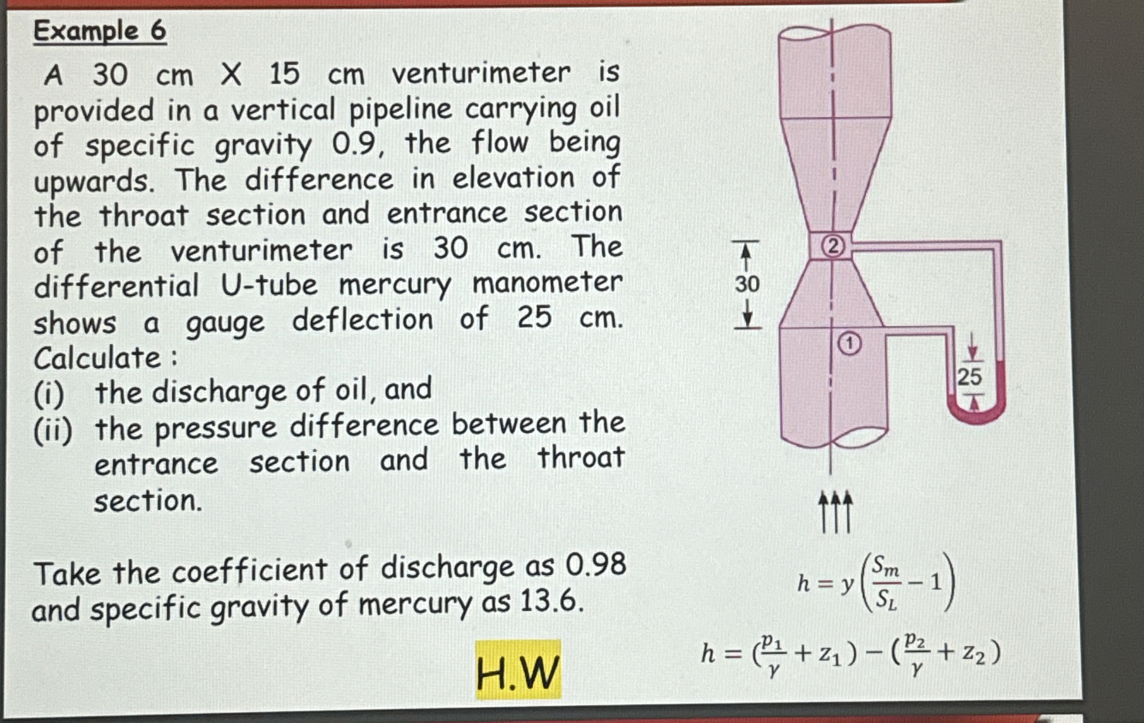 Example 6 A 3 0 c m 1 5 c m venturimeter is