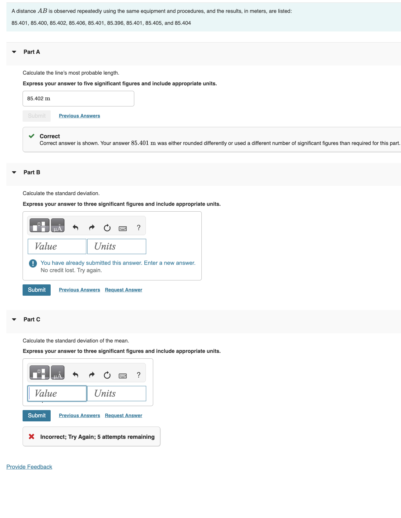 A distance \ ( A B \ ) is observed repeatedly