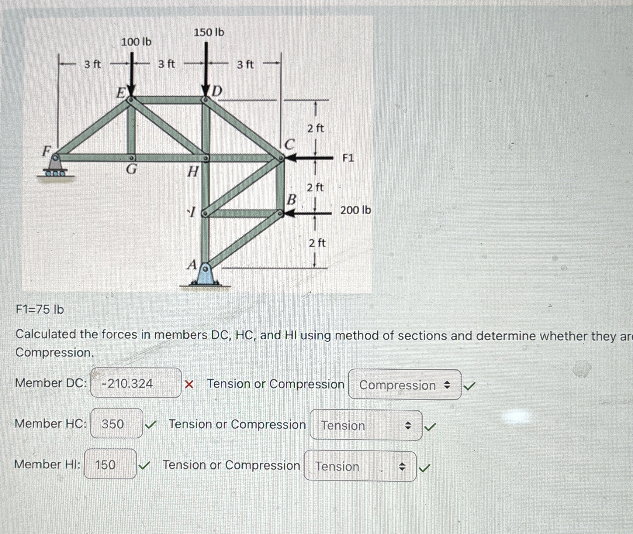 F 1 = 7 5 l b Calculated the forces in members DC