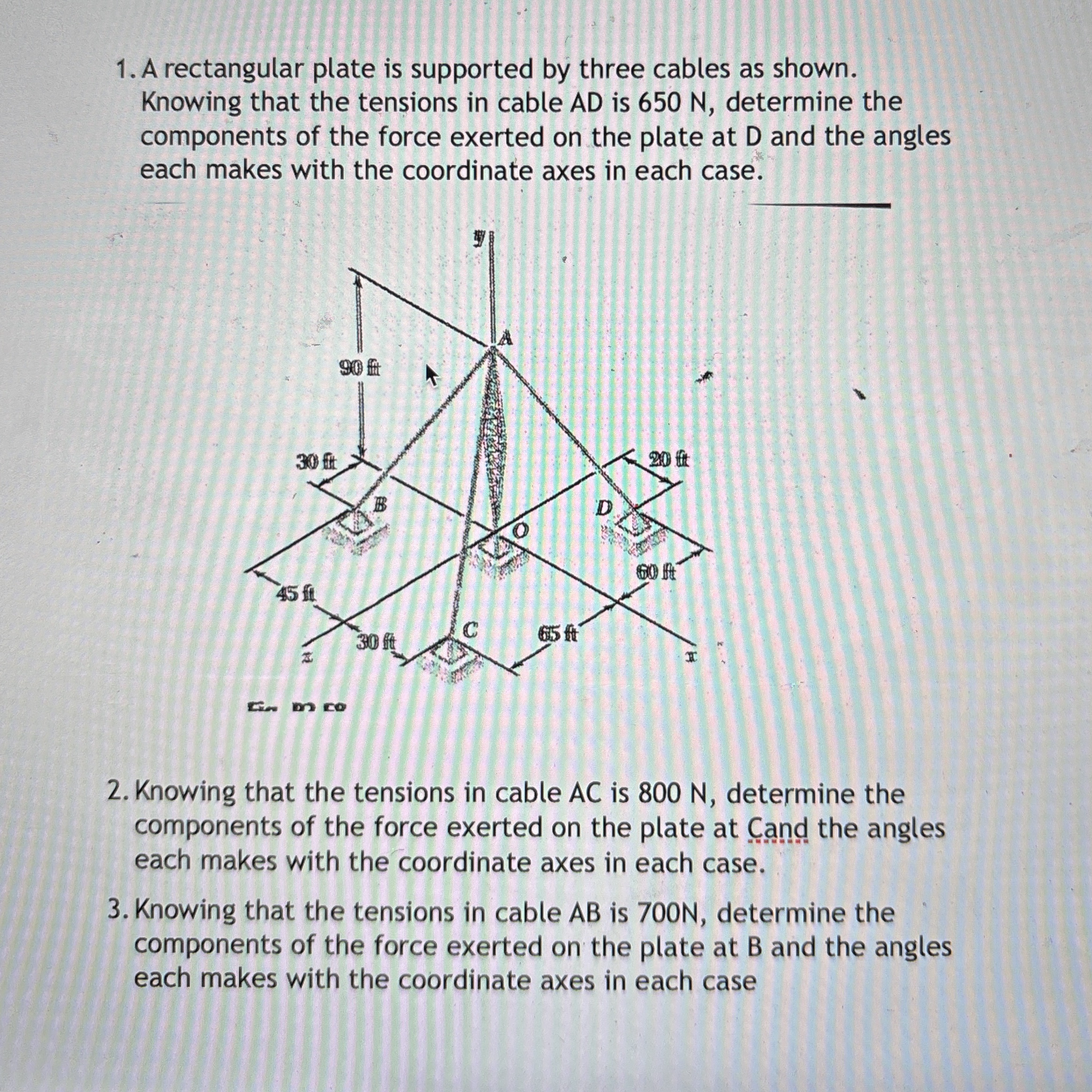 A rectangular plate is supported by three cables